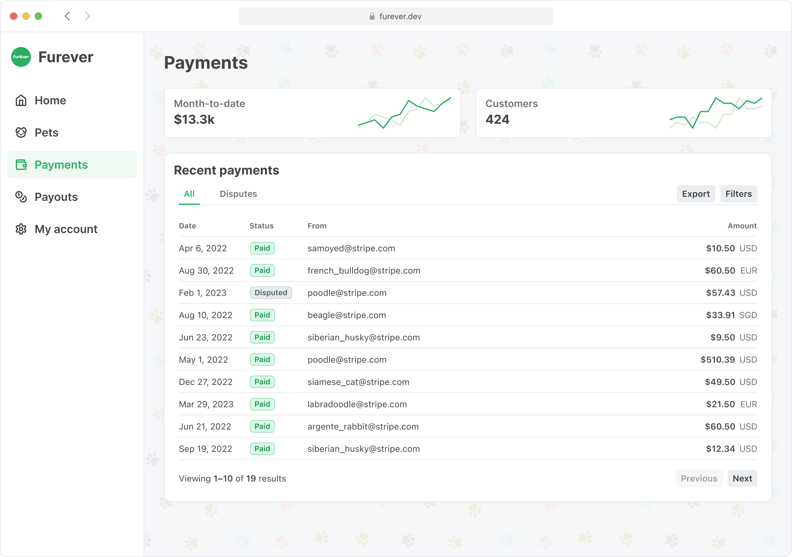 A mockup of a dashboard using Stripe's components