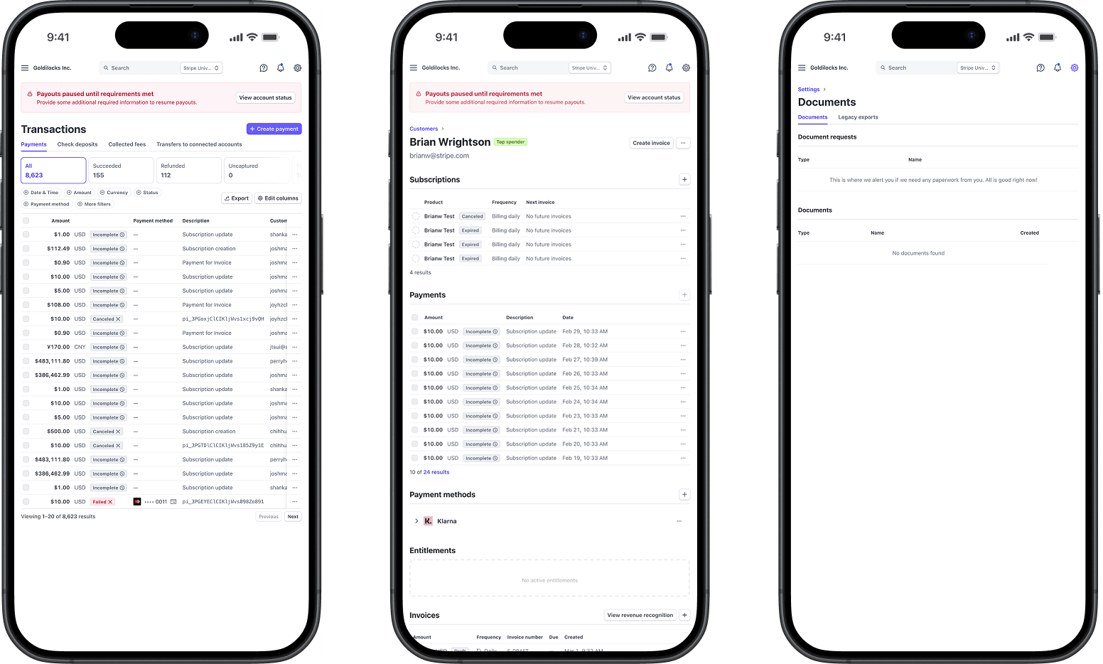 A mockup of three screens showing the Stripe dashboard before responsive design