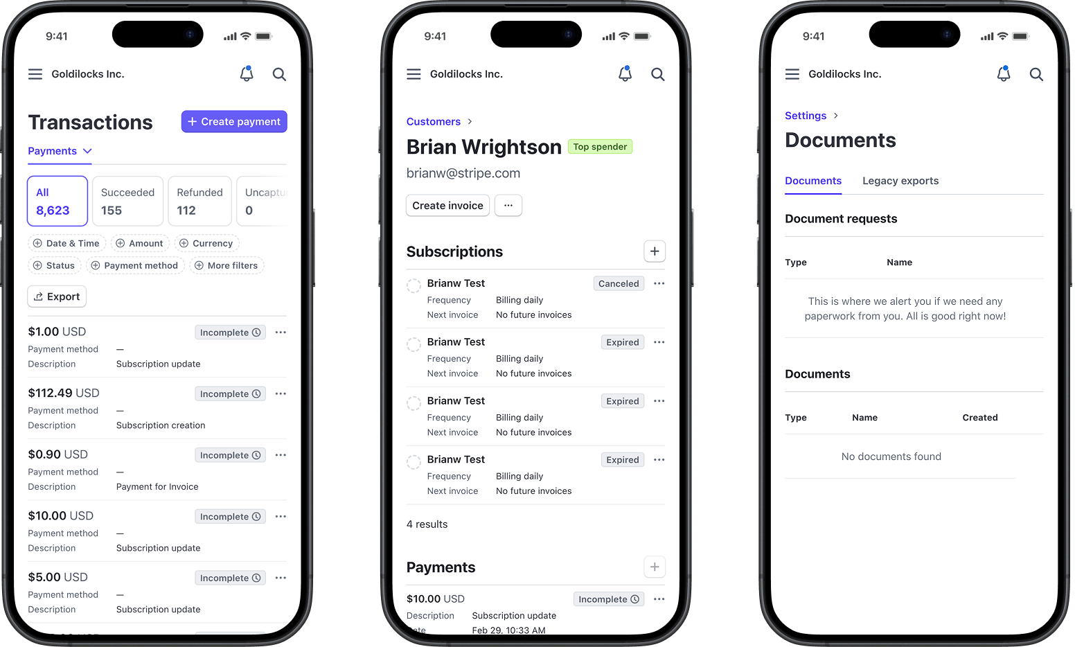 A mockup of three screens showing the Stripe dashboard after responsive design